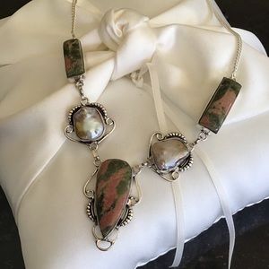 Sterling Silver Biwa Pearl and Unakite Necklace 20” New